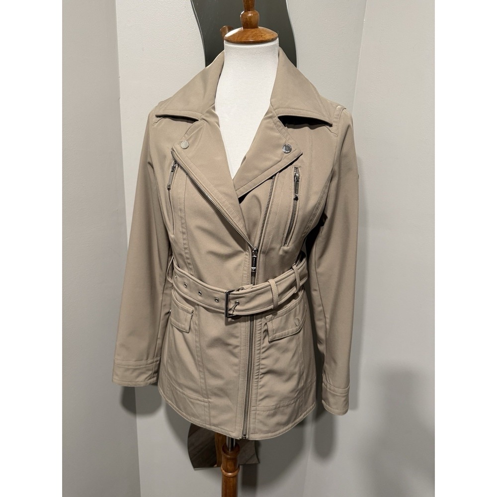 Michael Kors Moto Trench Coat Womens XS Tan Khaki Asymmetrical Zip Belted Jacket